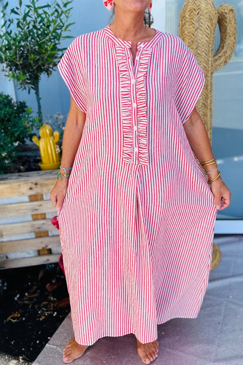 Striped Frill Detail Half Button Short Sleeve Maxi Dress