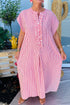 Striped Frill Detail Half Button Short Sleeve Maxi Dress