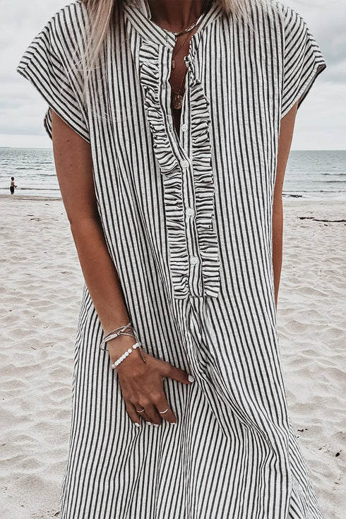 Striped Frill Detail Half Button Short Sleeve Maxi Dress