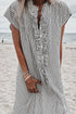 Striped Frill Detail Half Button Short Sleeve Maxi Dress
