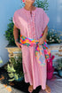 Striped Frill Detail Half Button Short Sleeve Maxi Dress