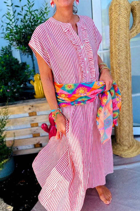 Striped Frill Detail Half Button Short Sleeve Maxi Dress