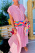 Striped Frill Detail Half Button Short Sleeve Maxi Dress
