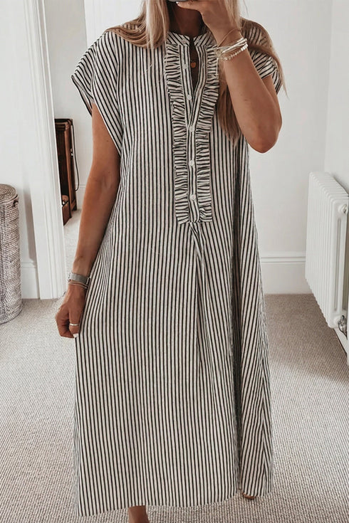 Striped Frill Detail Half Button Short Sleeve Maxi Dress