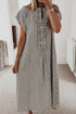 Striped Frill Detail Half Button Short Sleeve Maxi Dress