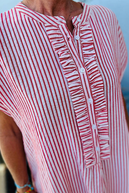 Striped Frill Detail Half Button Short Sleeve Maxi Dress