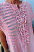 Striped Frill Detail Half Button Short Sleeve Maxi Dress
