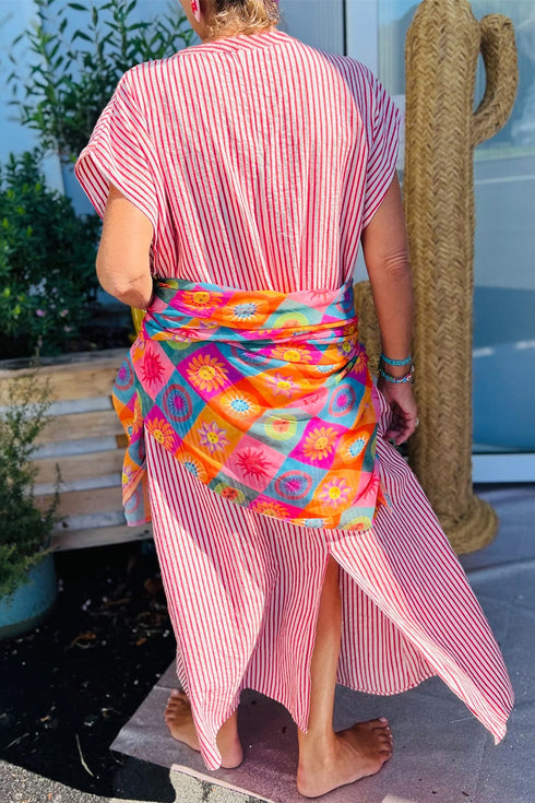 Striped Frill Detail Half Button Short Sleeve Maxi Dress