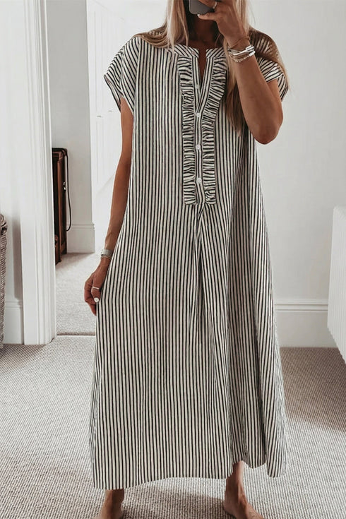 Striped Frill Detail Half Button Short Sleeve Maxi Dress