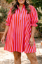 Striped Frilled Collar Button Neck Short Sleeve Mini Dress