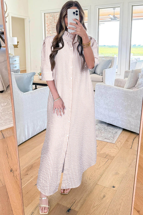 Striped Frilled Collar Half Sleeve Shirt Maxi Dress