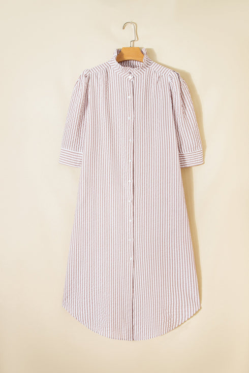 Striped Frilled Collar Half Sleeve Shirt Maxi Dress