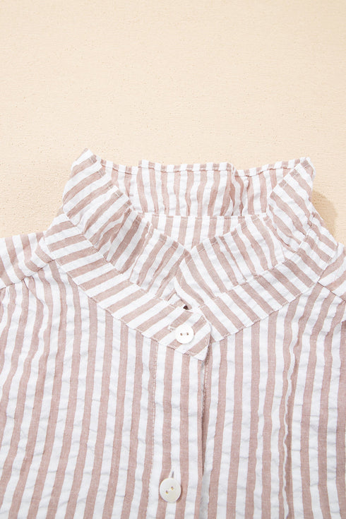 Striped Frilled Collar Half Sleeve Shirt Maxi Dress