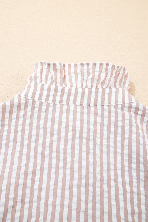 Striped Frilled Collar Half Sleeve Shirt Maxi Dress