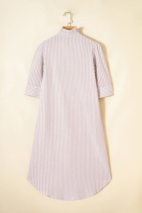 Striped Frilled Collar Half Sleeve Shirt Maxi Dress