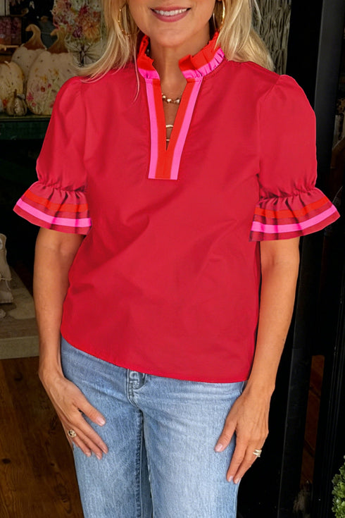 Striped Frilled Collar Ruffled Sleeve Southern Belle Blouse