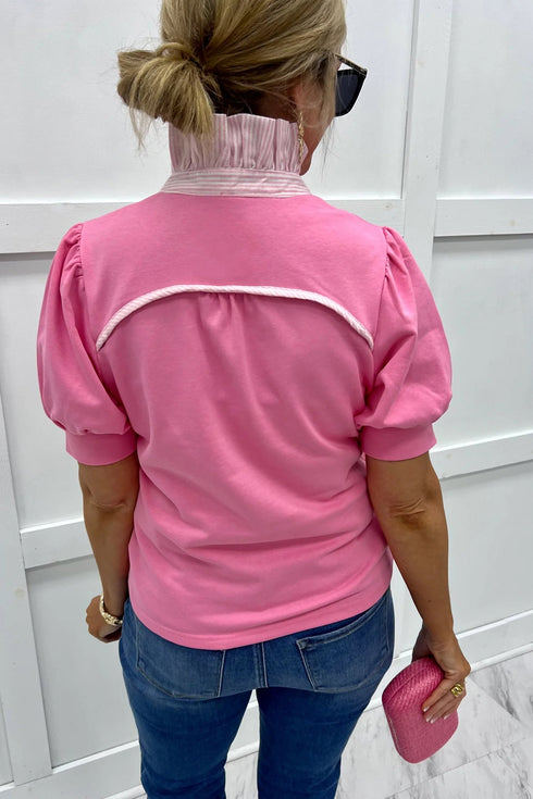 Striped Frilled Collar Short Sleeve Cotton Blend Blouse