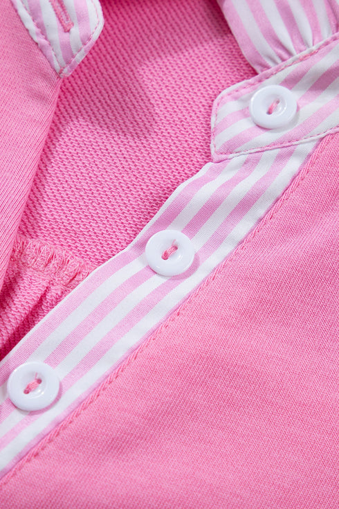 Striped Frilled Collar Short Sleeve Cotton Blend Blouse