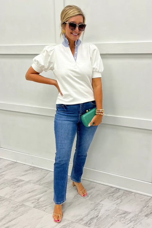 Striped Frilled Collar Short Sleeve Cotton Blend Blouse