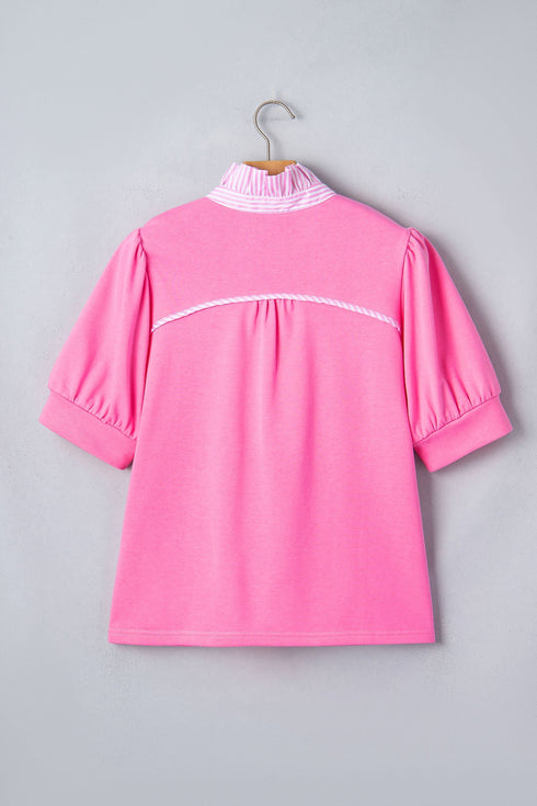 Striped Frilled Collar Short Sleeve Cotton Blend Blouse