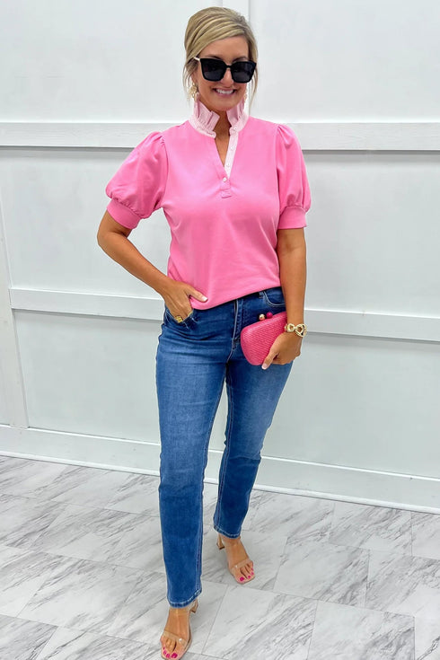 Striped Frilled Collar Short Sleeve Cotton Blend Blouse