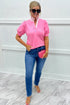 Striped Frilled Collar Short Sleeve Cotton Blend Blouse