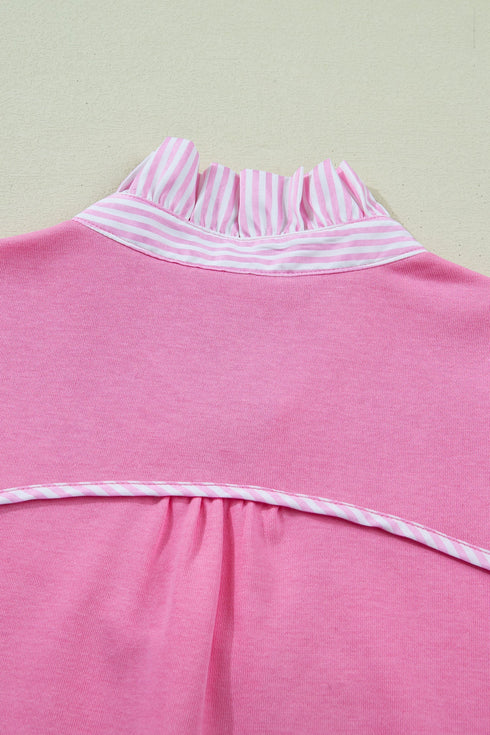 Striped Frilled Collar Short Sleeve Cotton Blend Blouse
