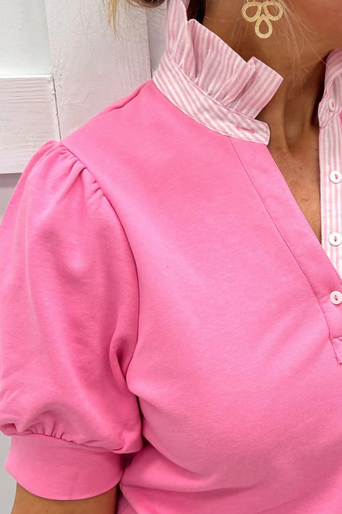 Striped Frilled Collar Short Sleeve Cotton Blend Blouse
