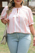 Striped Frilled Detail Tassel Tie Short Sleeve Blouse