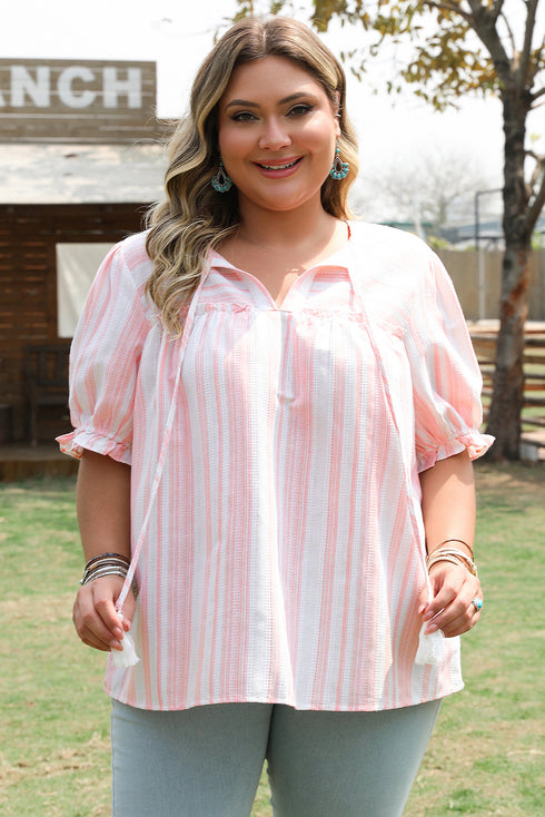 Striped Frilled Detail Tassel Tie Short Sleeve Blouse
