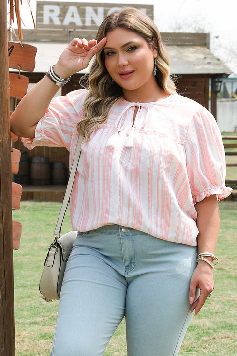 Striped Frilled Detail Tassel Tie Short Sleeve Blouse