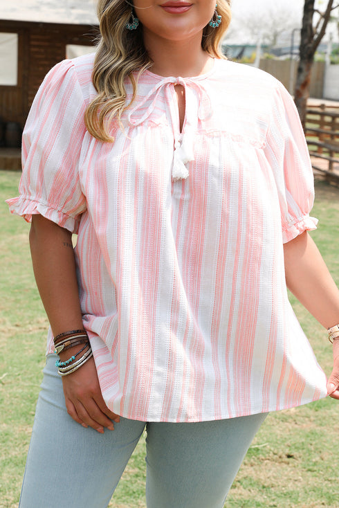 Striped Frilled Detail Tassel Tie Short Sleeve Blouse