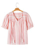 Striped Frilled Detail Tassel Tie Short Sleeve Blouse