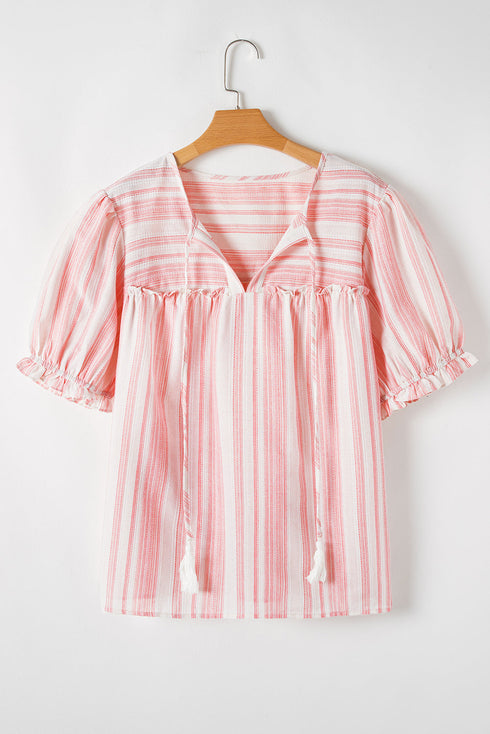 Striped Frilled Detail Tassel Tie Short Sleeve Blouse