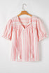 Striped Frilled Detail Tassel Tie Short Sleeve Blouse