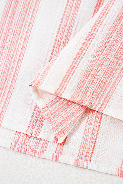 Striped Frilled Detail Tassel Tie Short Sleeve Blouse