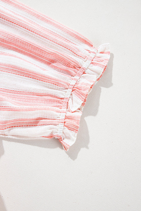 Striped Frilled Detail Tassel Tie Short Sleeve Blouse