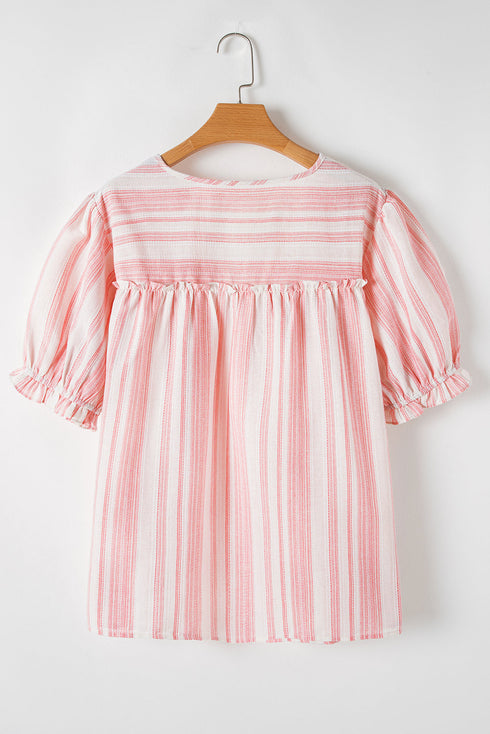 Striped Frilled Detail Tassel Tie Short Sleeve Blouse