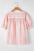 Striped Frilled Detail Tassel Tie Short Sleeve Blouse