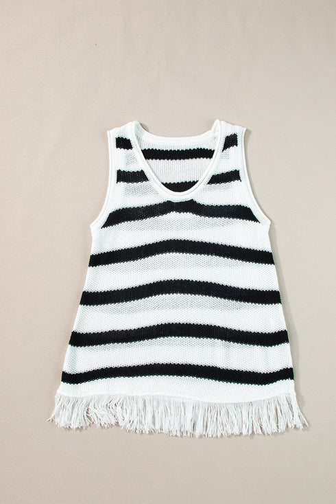 Striped Fringe Hem Scoop Neck Knit Tank Top