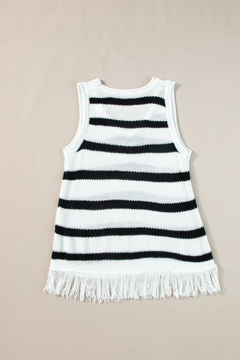 Striped Fringe Hem Scoop Neck Knit Tank Top