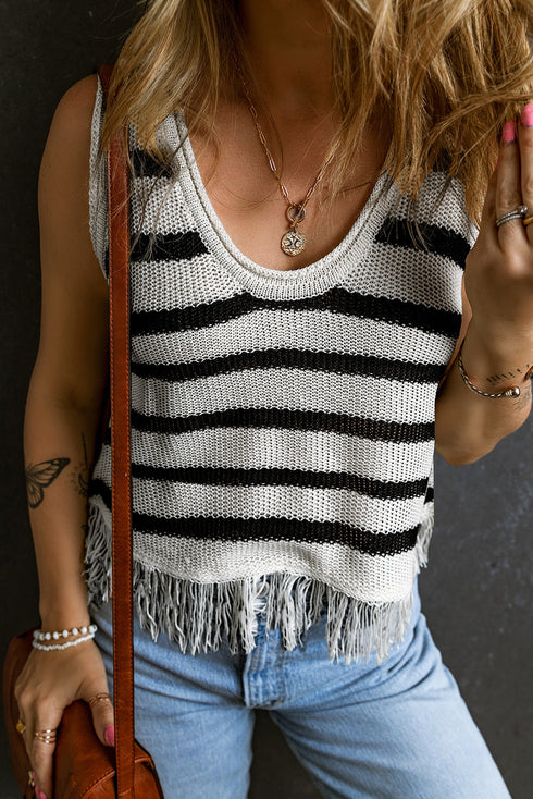 Striped Fringe Hem Scoop Neck Knit Tank Top