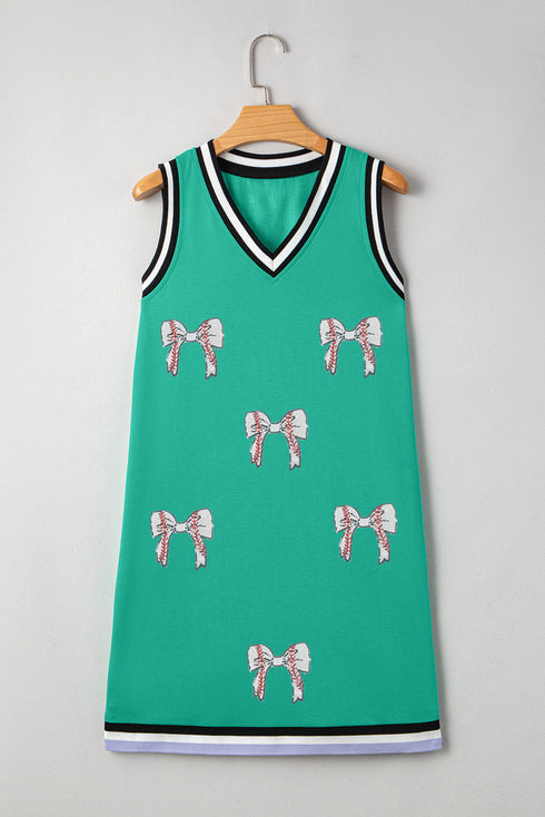 Striped Glitter Baseball Patch V Neck Tank Graphic Dress
