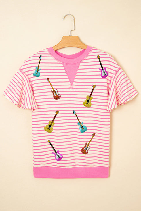 Striped Guitar Patch Ruffle Sleeve Relaxed Fit Music Blouse