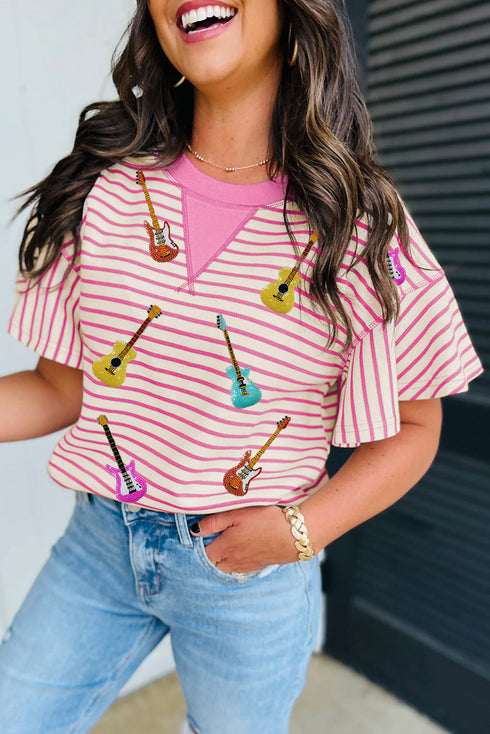 Striped Guitar Patch Ruffle Sleeve Relaxed Fit Music Blouse