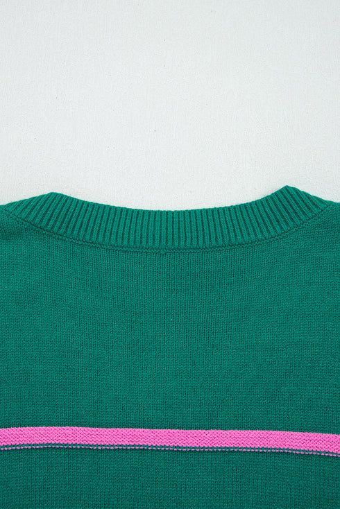 Striped Half Button Drop Shoulder Pullover Sweater