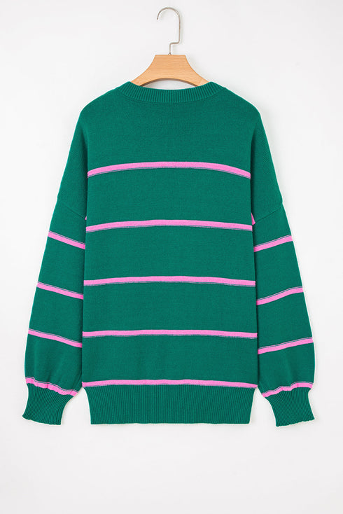 Striped Half Button Drop Shoulder Pullover Sweater