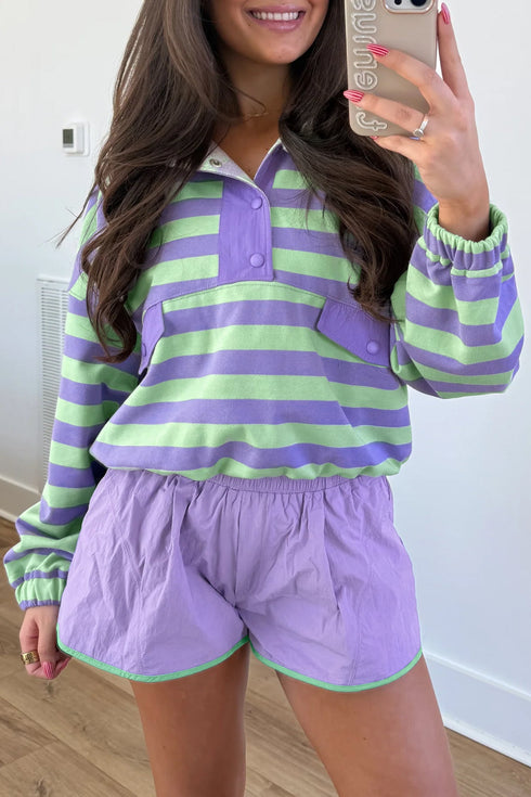 Striped Half Button Long Sleeve Mix Match Short Set