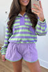 Striped Half Button Long Sleeve Mix Match Short Set