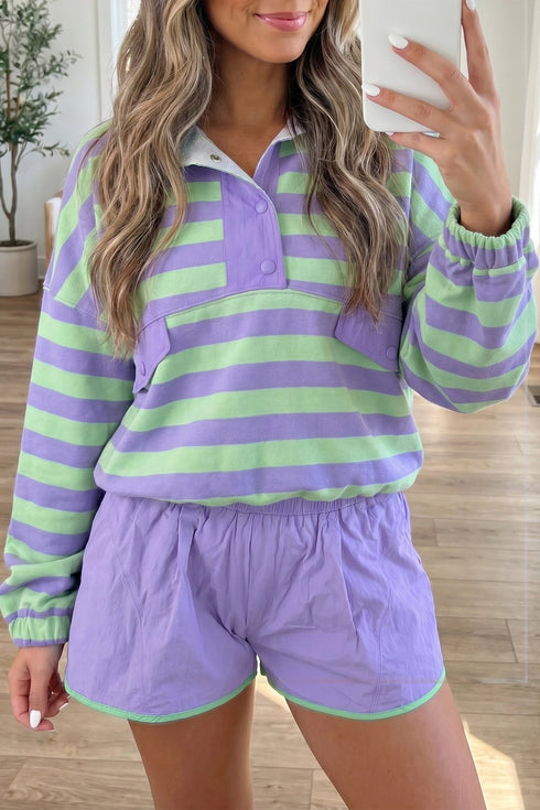 Striped Half Button Long Sleeve Mix Match Short Set